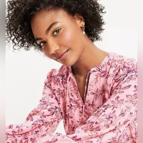 Loft Floral Ruffle Tie Neck Top Blossom Blouse Pink Floral Career and Casual - Picture 8 of 11